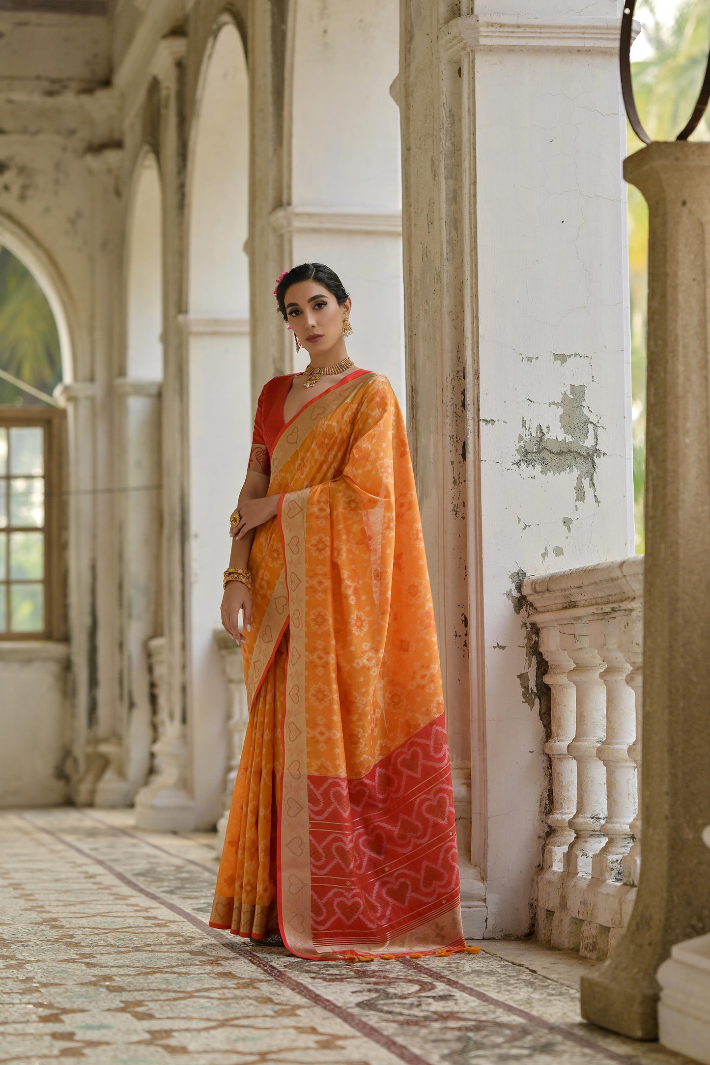 Sundari- Ikat Print Silk Blend Saree with Heart Motif Zari Border