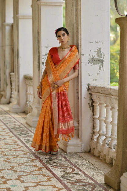 Sundari- Ikat Print Silk Blend Saree with Heart Motif Zari Border