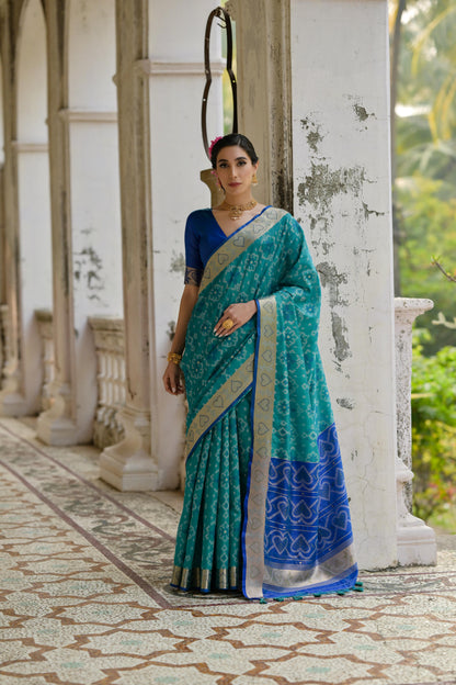 Sundari- Ikat Print Silk Blend Saree with Heart Motif Zari Border