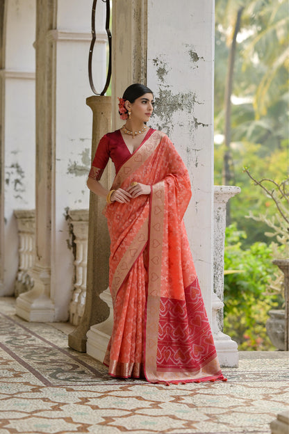 Sundari- Ikat Print Silk Blend Saree with Heart Motif Zari Border