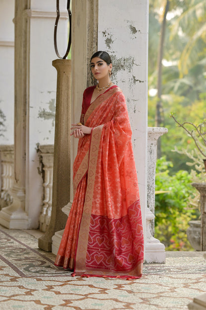 Sundari- Ikat Print Silk Blend Saree with Heart Motif Zari Border