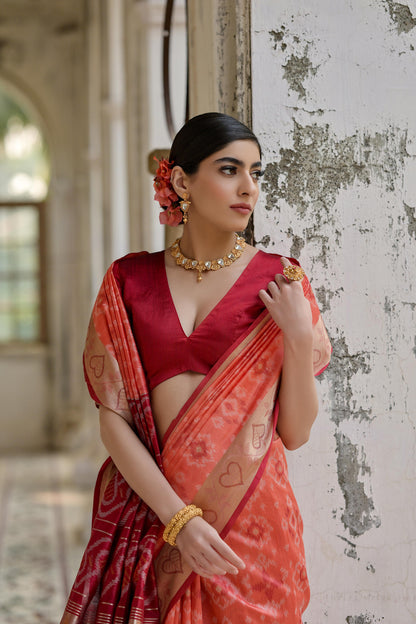 Sundari- Ikat Print Silk Blend Saree with Heart Motif Zari Border
