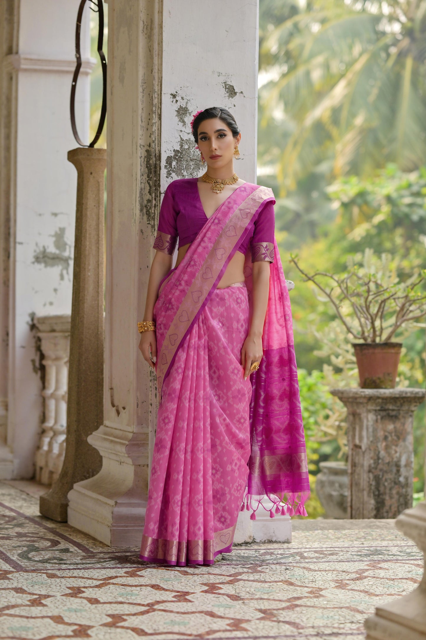 Sundari- Ikat Print Silk Blend Saree with Heart Motif Zari Border