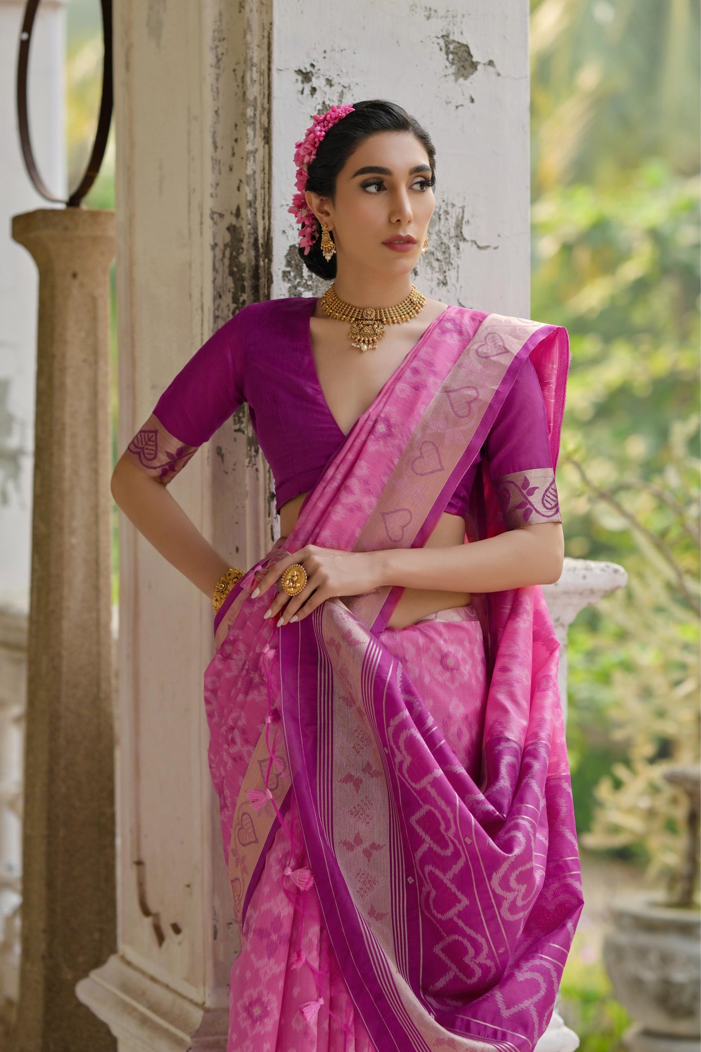 Sundari- Ikat Print Silk Blend Saree with Heart Motif Zari Border