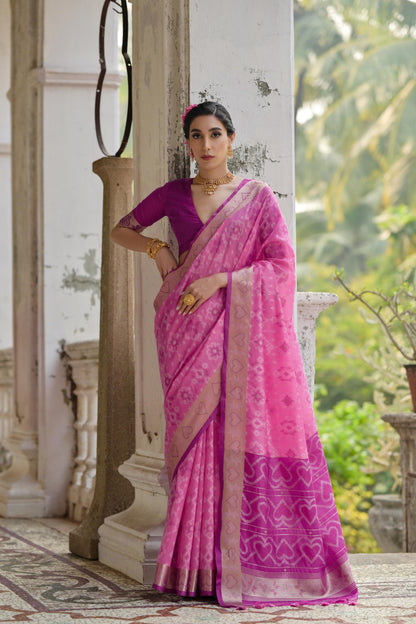 Sundari- Ikat Print Silk Blend Saree with Heart Motif Zari Border