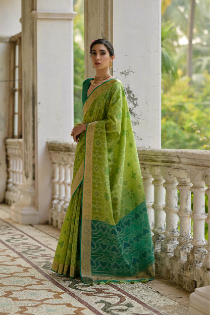 Sundari- Ikat Print Silk Blend Saree with Heart Motif Zari Border