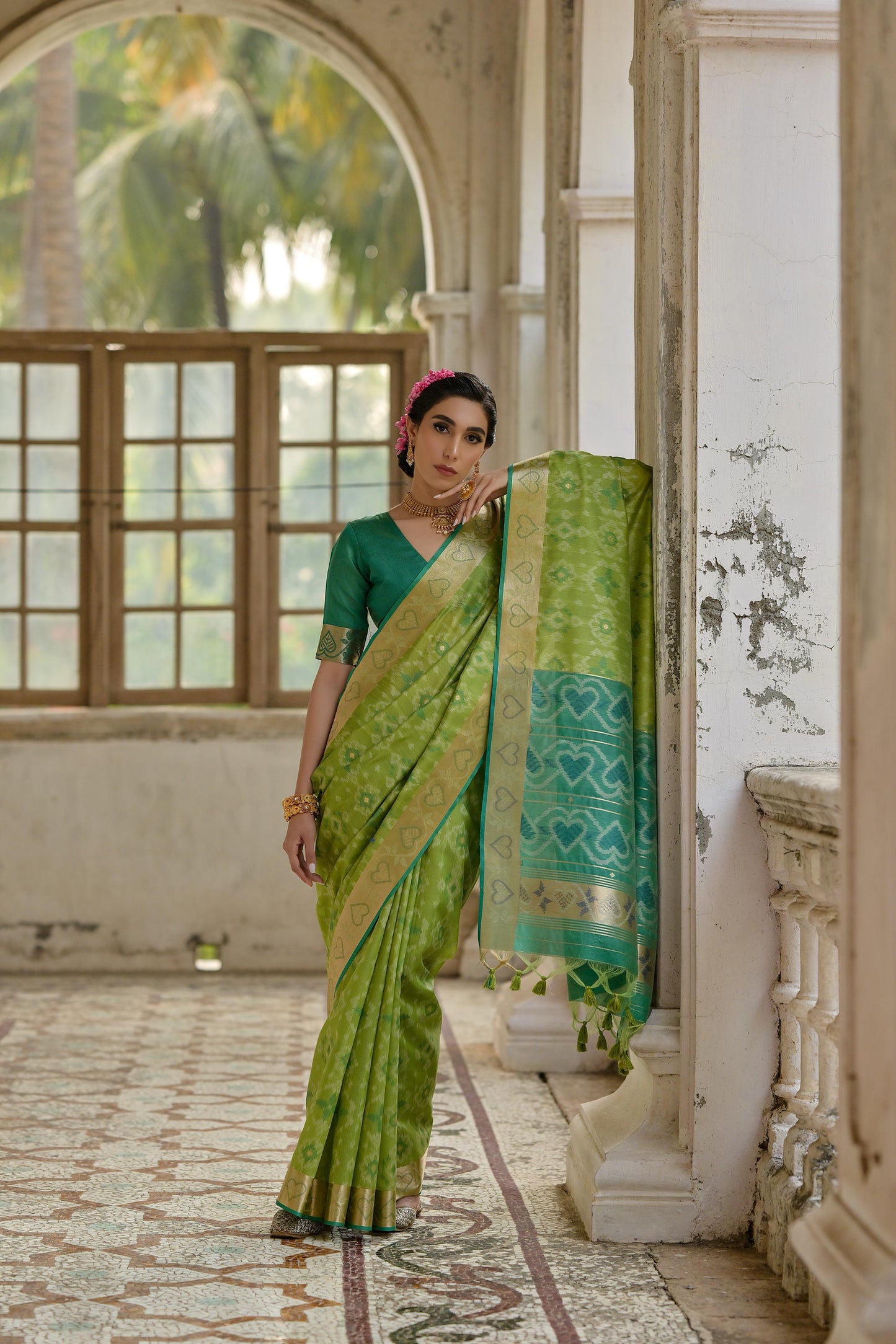 Sundari- Ikat Print Silk Blend Saree with Heart Motif Zari Border