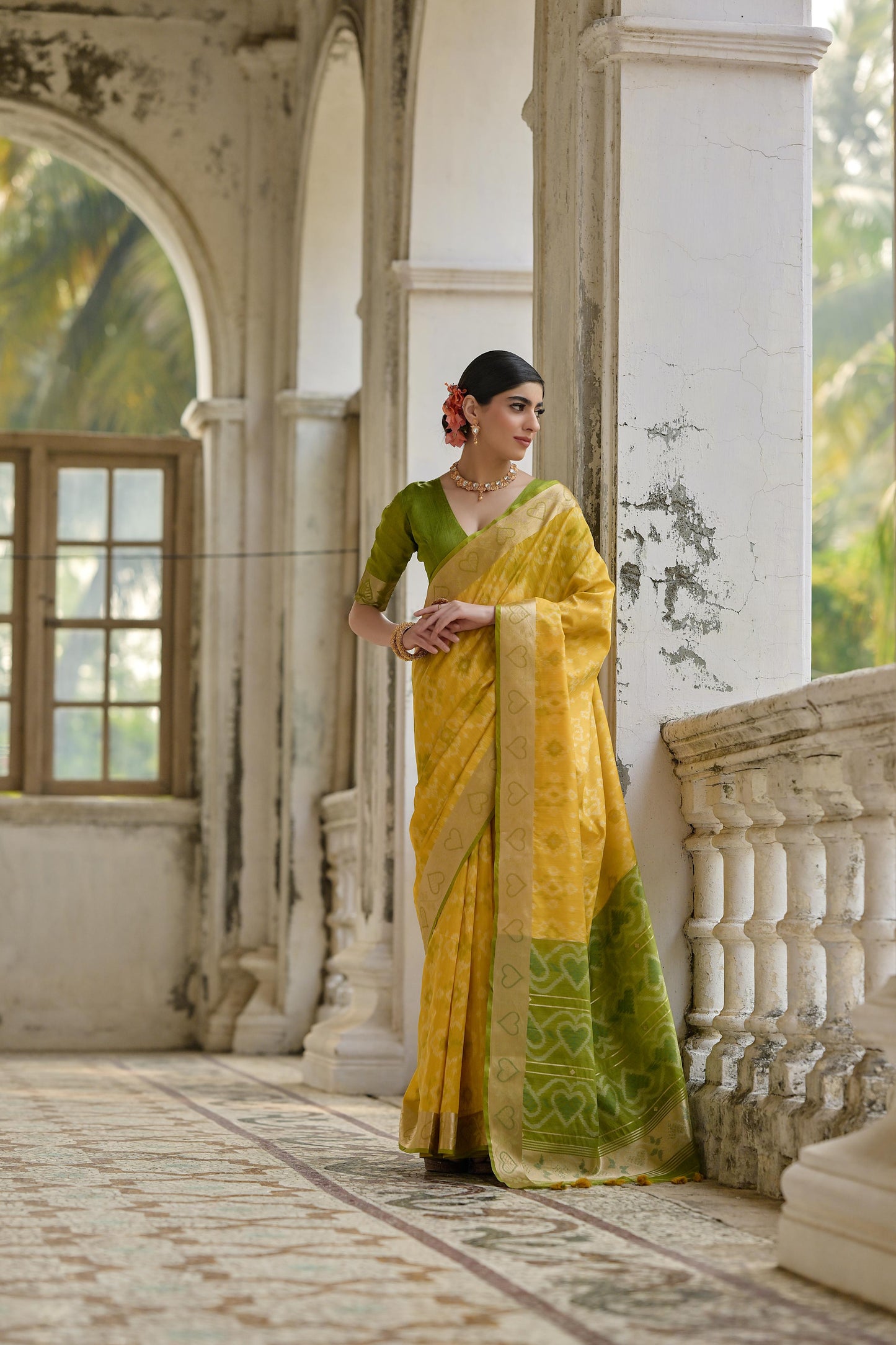 Sundari- Ikat Print Silk Blend Saree with Heart Motif Zari Border