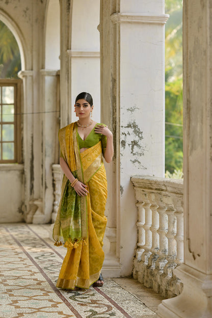 Sundari- Ikat Print Silk Blend Saree with Heart Motif Zari Border