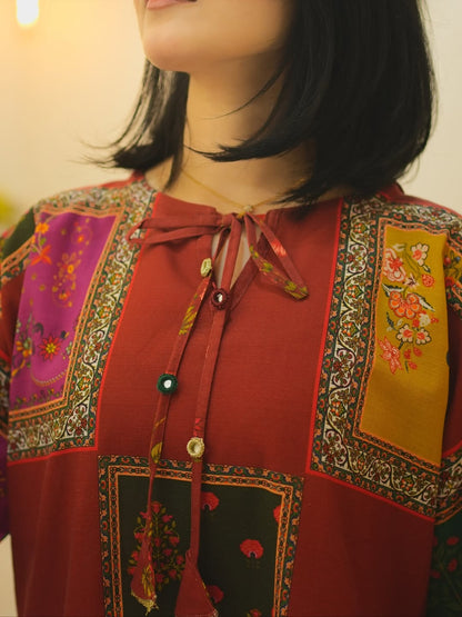 Anary- Rust Patchwork Printed Kurti Set