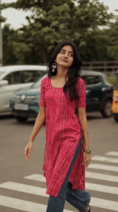 Fana- Bandhani printed top with round necK