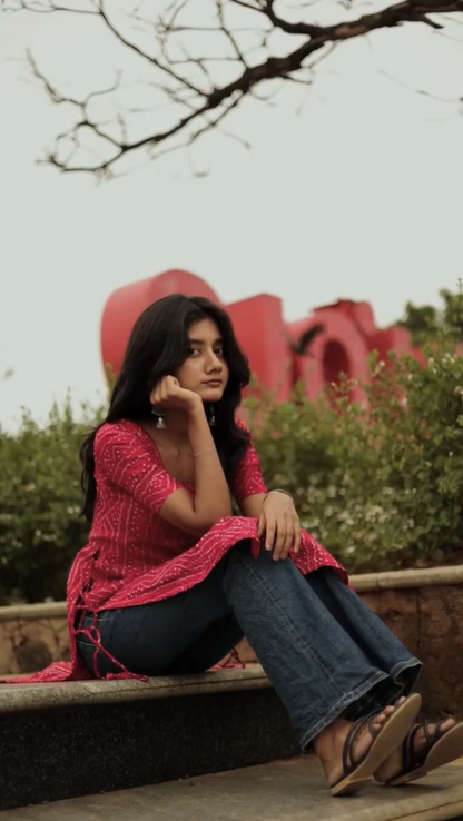 Fana- Bandhani printed top with round necK