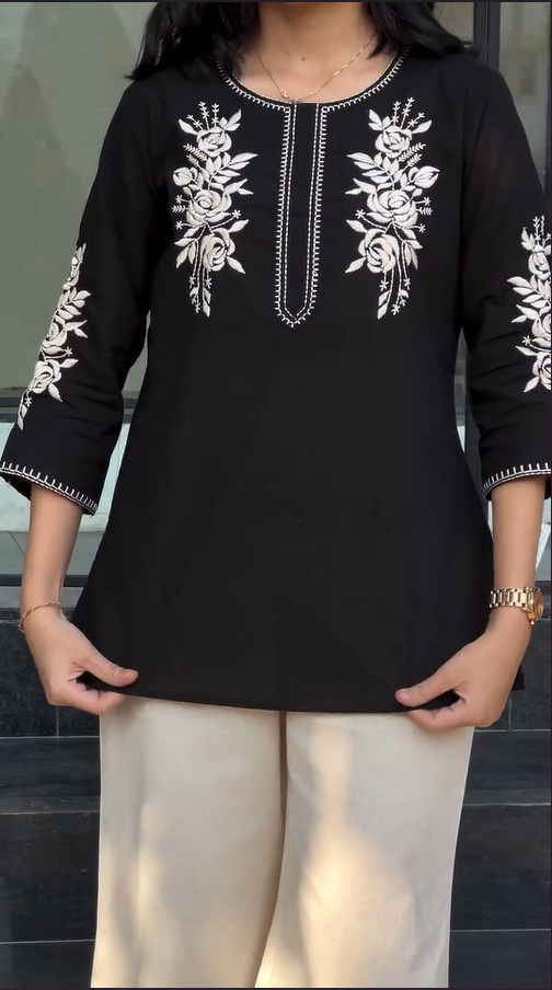 Laksh- Black Embroidered Women Kurti Top with Floral Thread Work