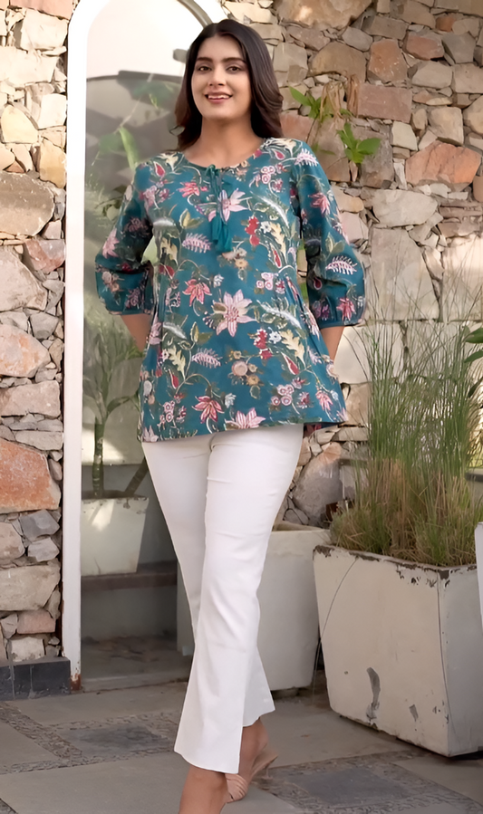 Pavani- Teal Green Floral Printed Kurti Top