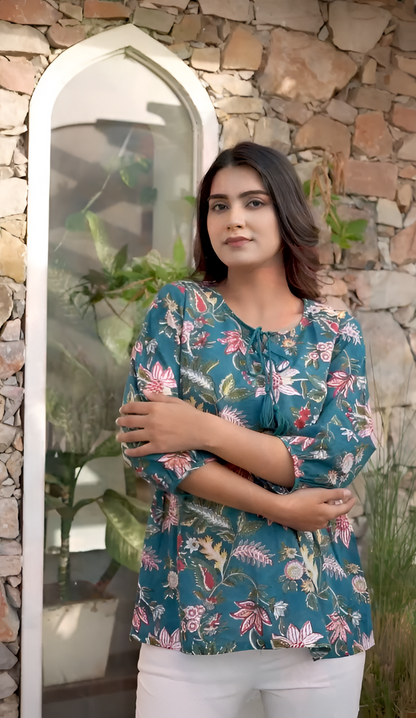 Pavani- Teal Green Floral Printed Kurti Top