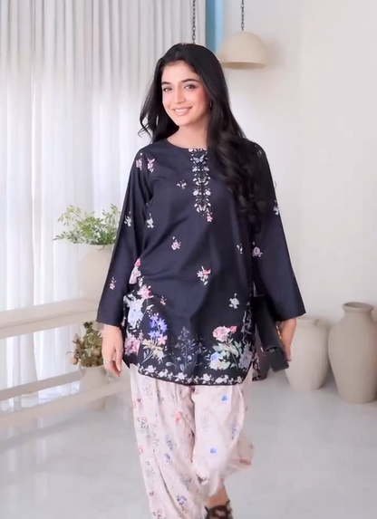Zoya- Midnight Black Floral Printed Tunic with Pastel Pink Patterned Trousers