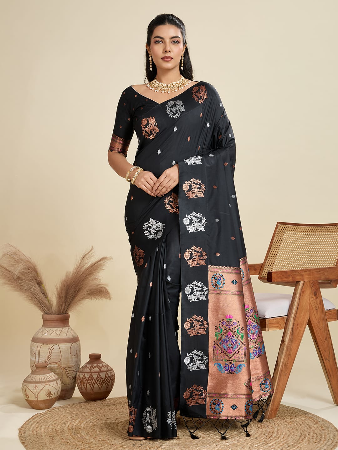 Noir- Soft Silk Saree with Copper Zari Motifs