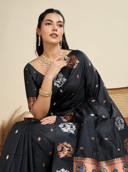 Noir- Soft Silk Saree with Copper Zari Motifs