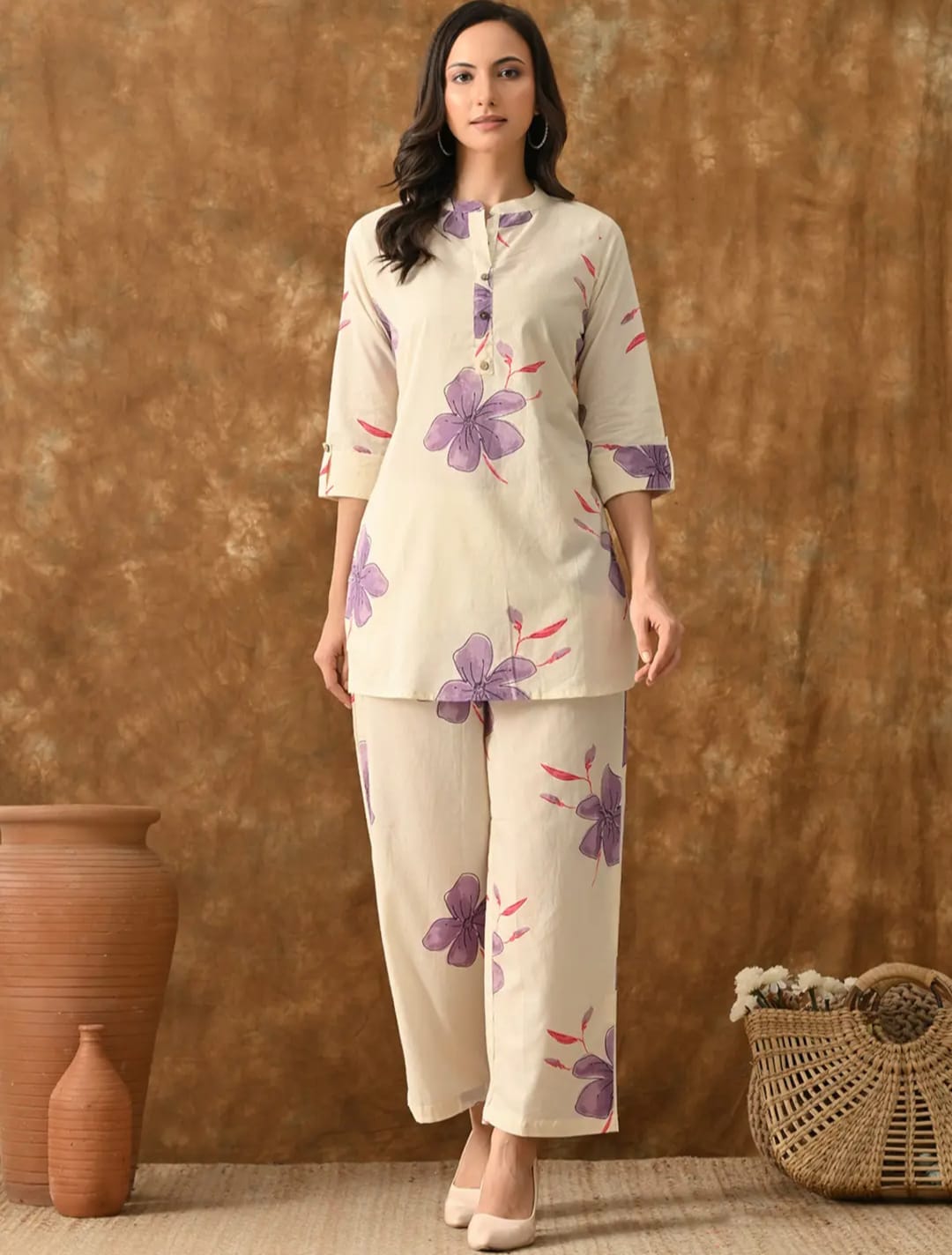 Pepi- Off-White & Purple Floral Printed Cotton Co-Ord Set