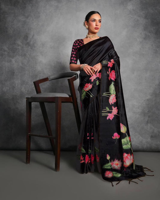 Lotus- Satin Silk Floral Printed Saree with Designer Blouse