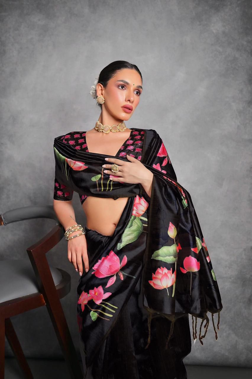 Lotus- Satin Silk Floral Printed Saree with Designer Blouse