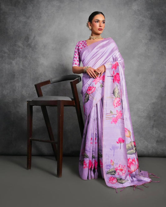 Lotus- Satin Silk Floral Printed Saree with Designer Blouse