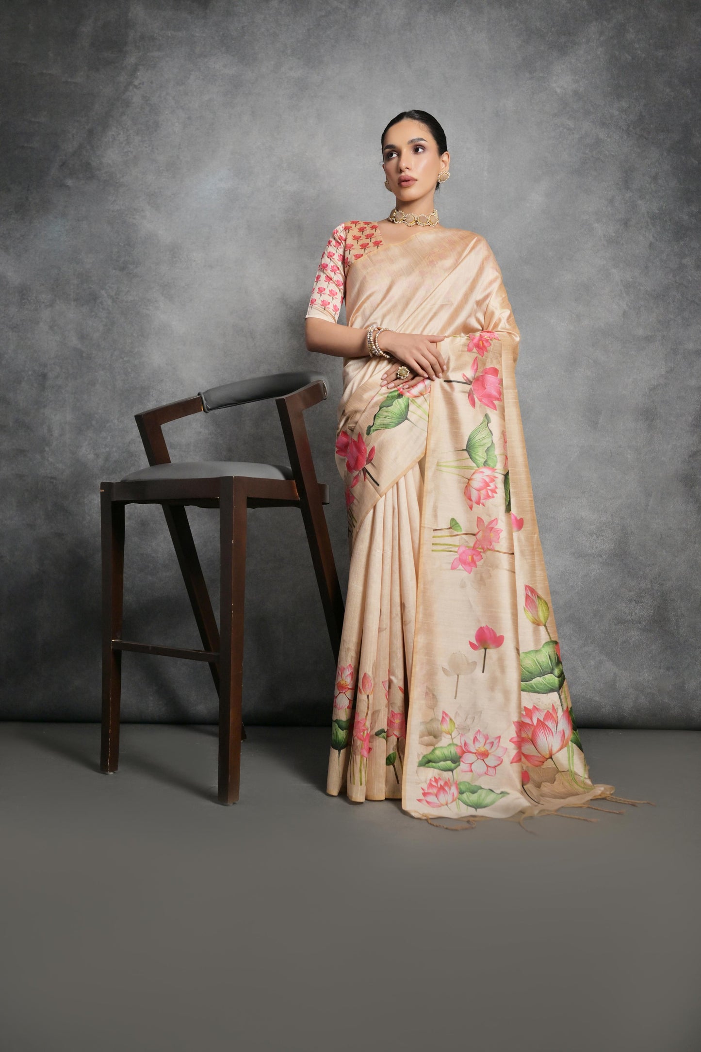 Lotus- Satin Silk Floral Printed Saree with Designer Blouse