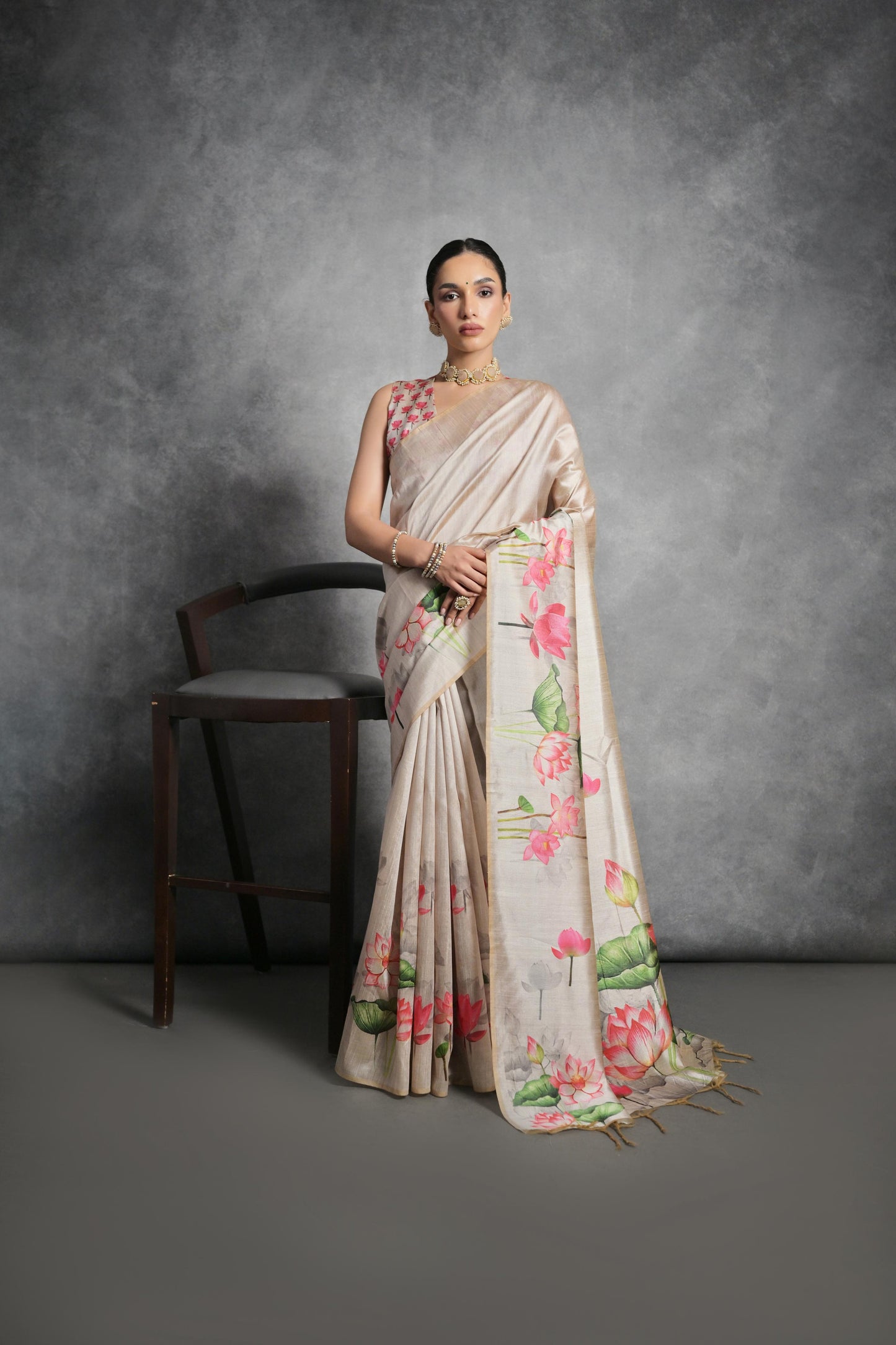 Lotus- Satin Silk Floral Printed Saree with Designer Blouse