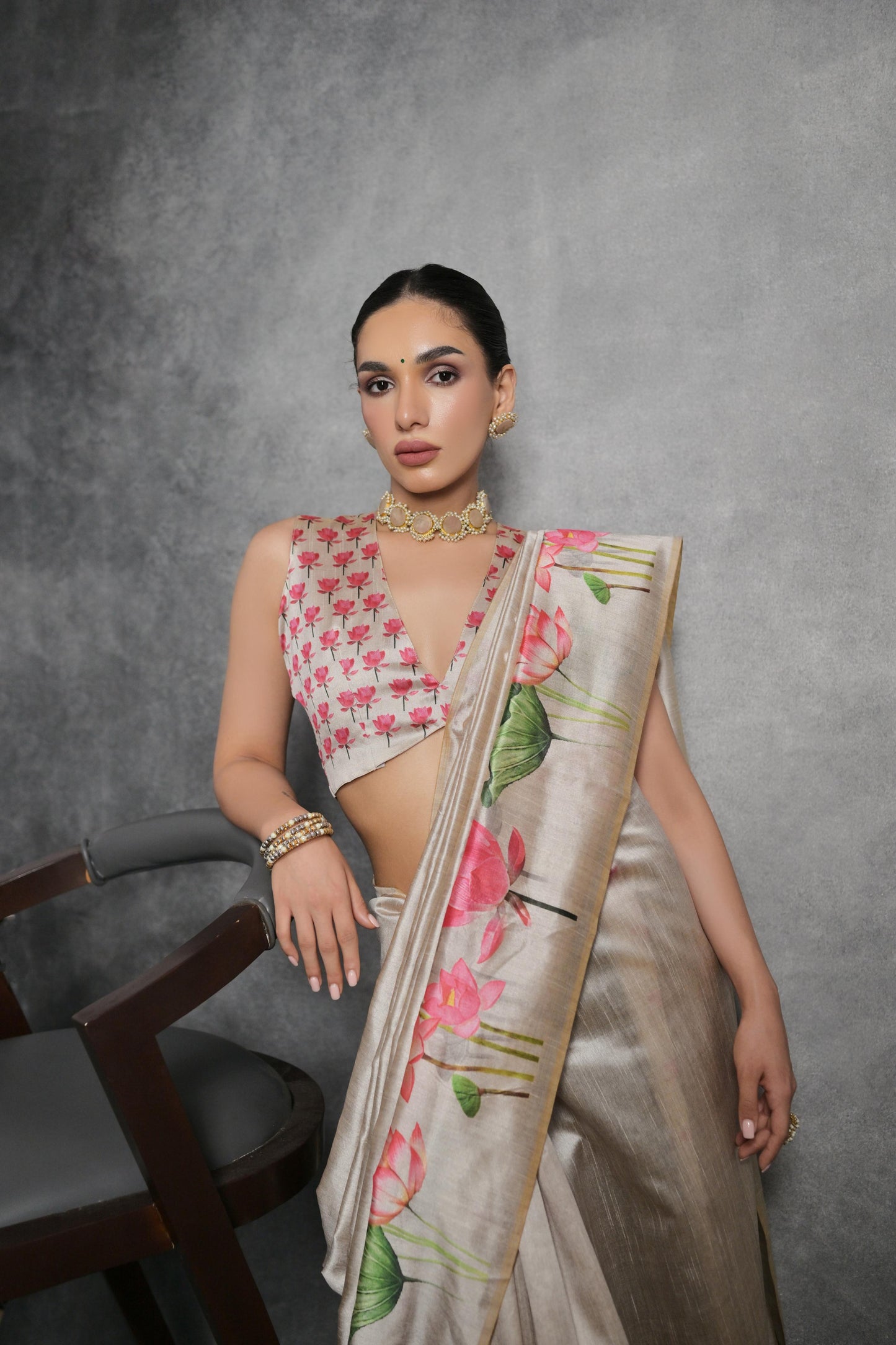 Lotus- Satin Silk Floral Printed Saree with Designer Blouse