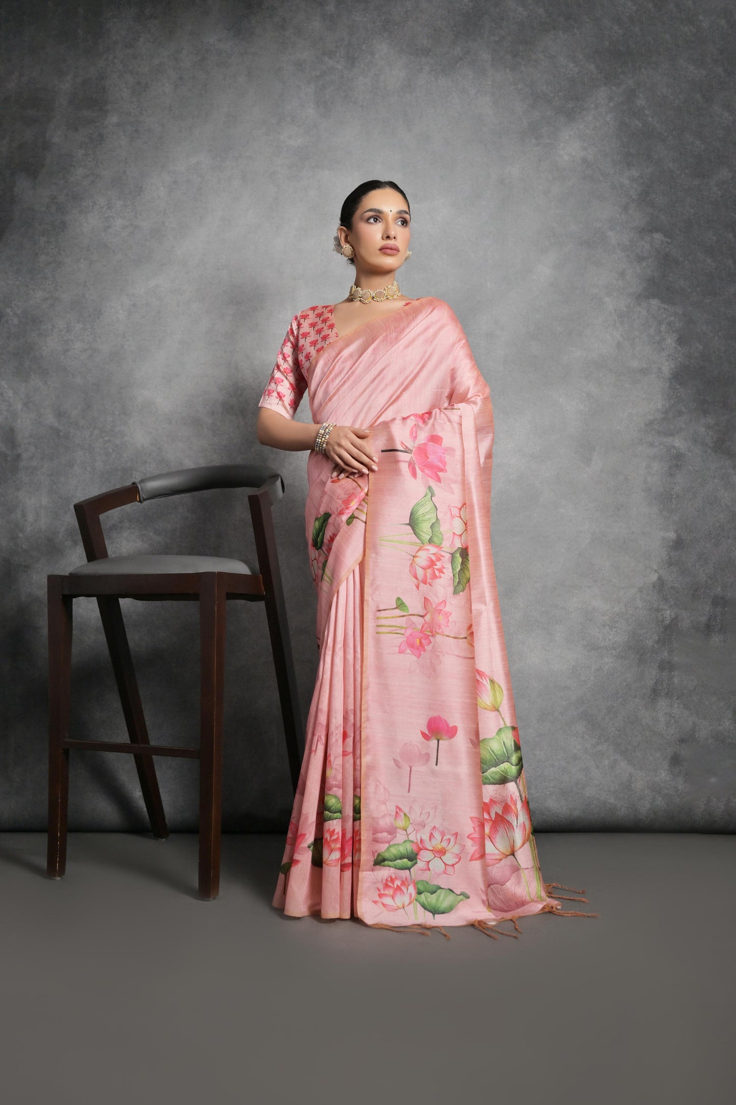 Lotus- Satin Silk Floral Printed Saree with Designer Blouse