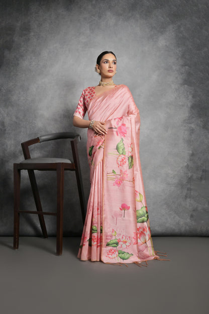 Lotus- Satin Silk Floral Printed Saree with Designer Blouse