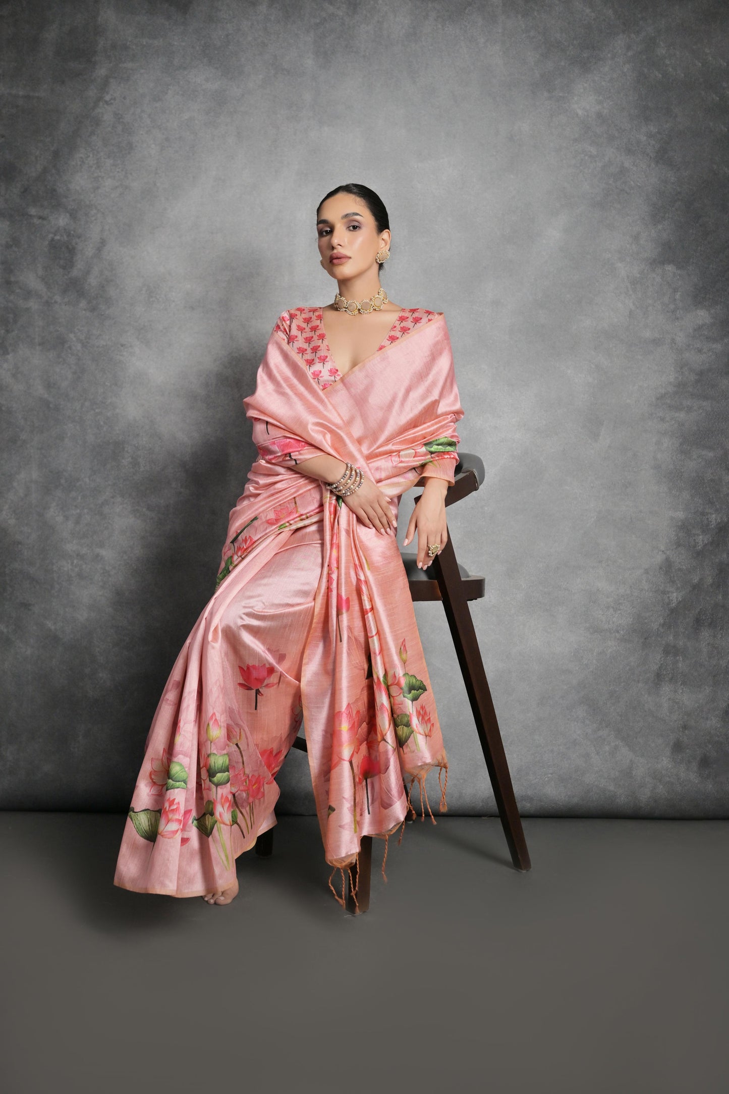 Lotus- Satin Silk Floral Printed Saree with Designer Blouse
