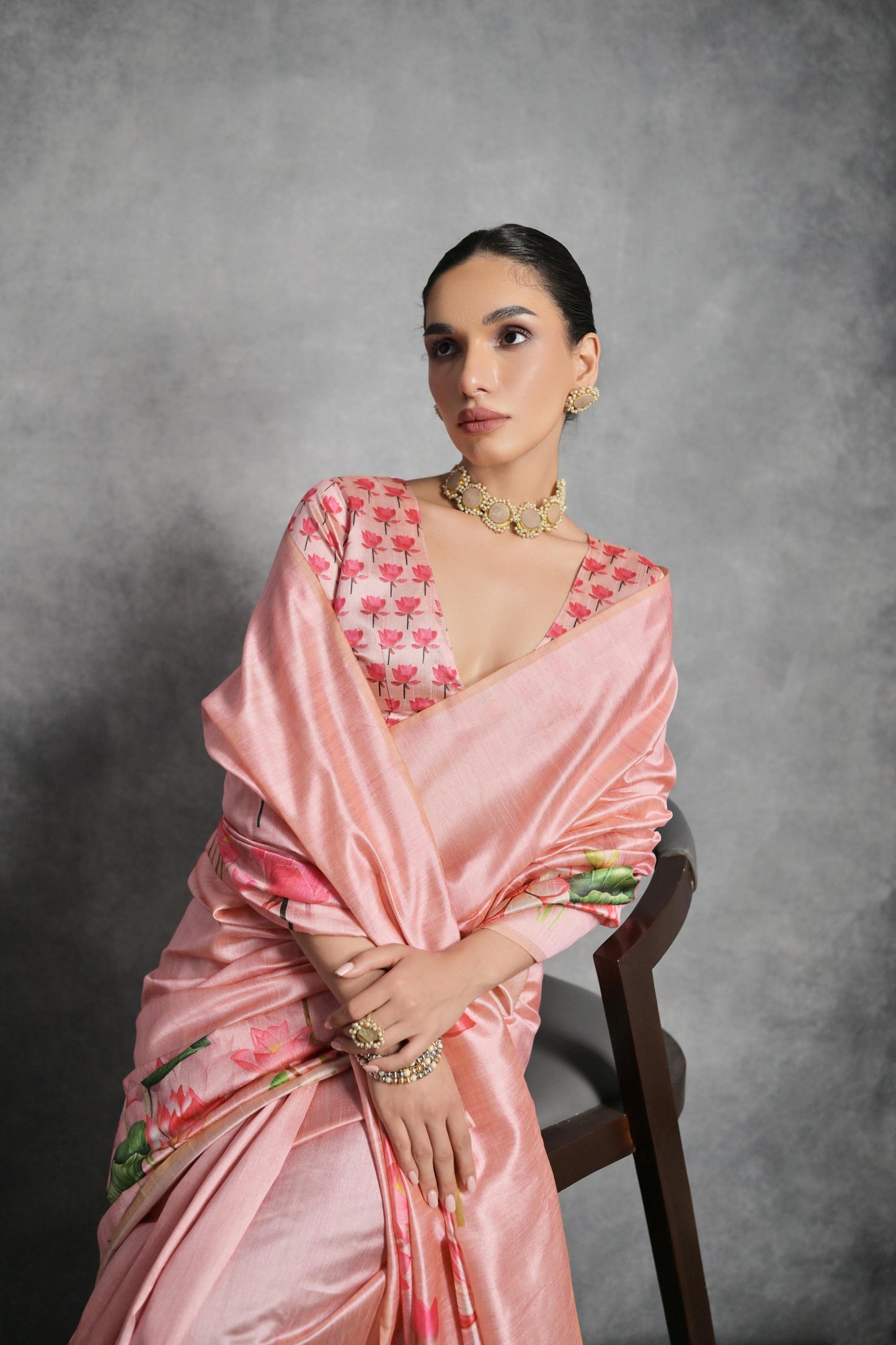 Lotus- Satin Silk Floral Printed Saree with Designer Blouse