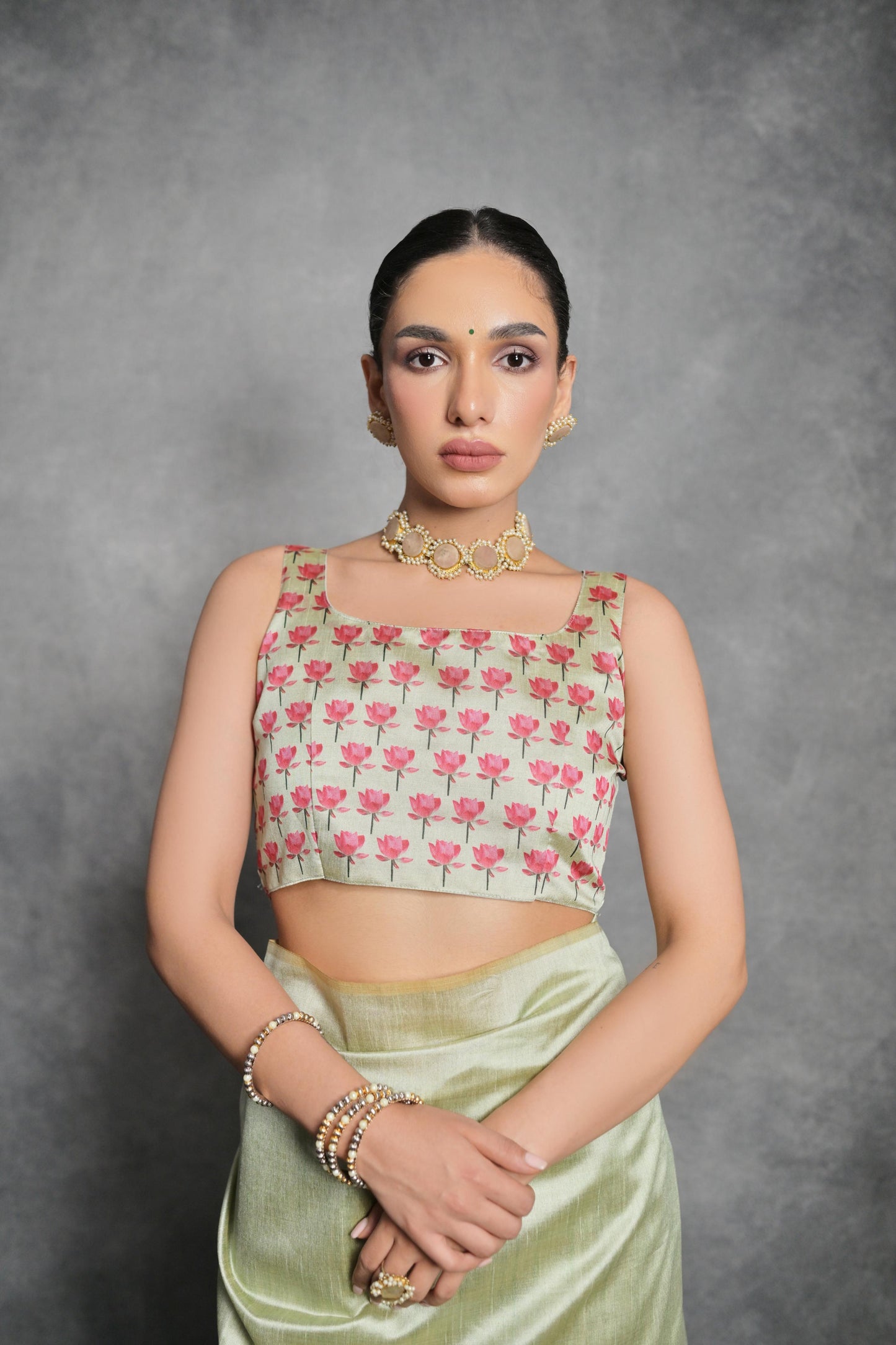 Lotus- Satin Silk Floral Printed Saree with Designer Blouse
