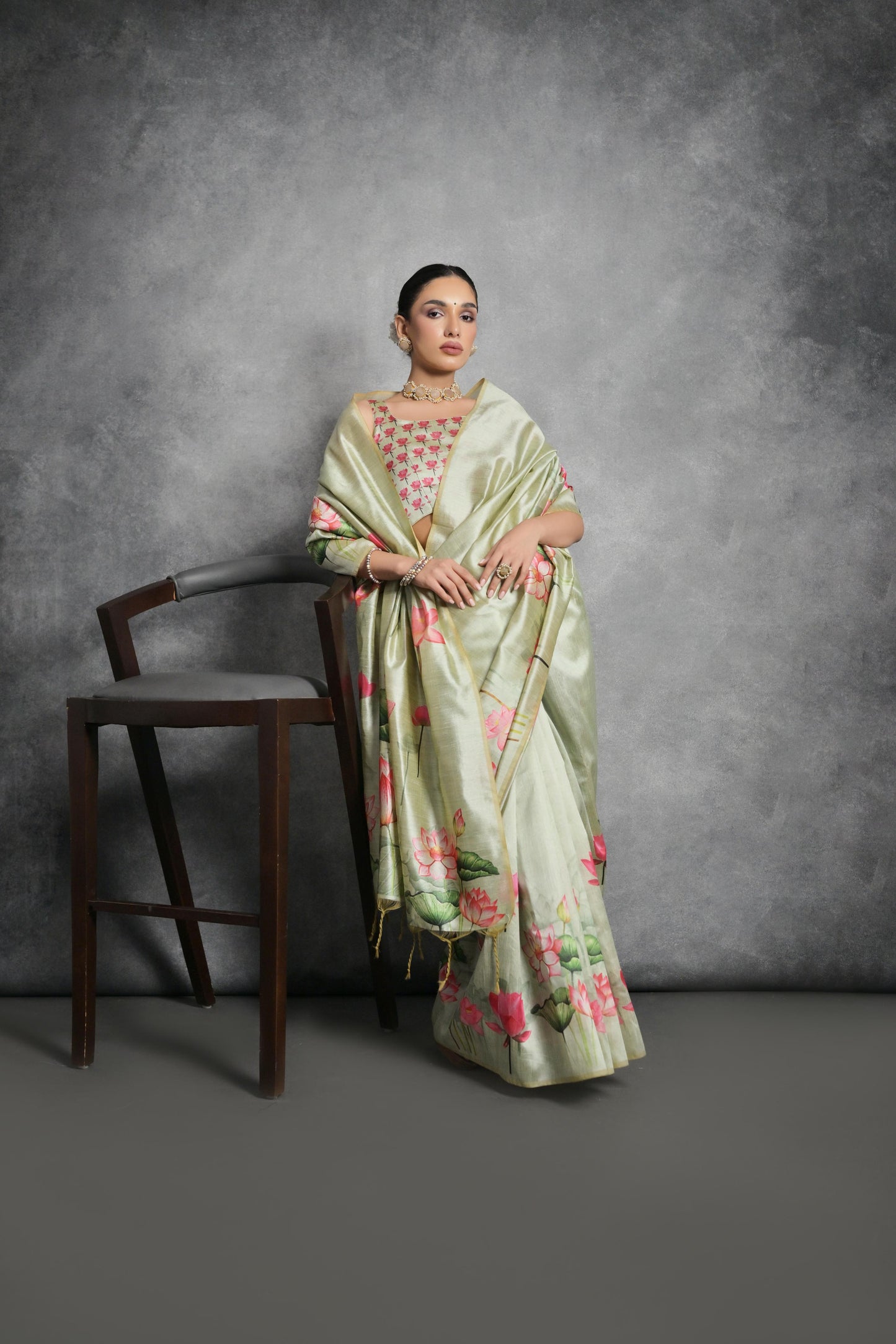 Lotus- Satin Silk Floral Printed Saree with Designer Blouse