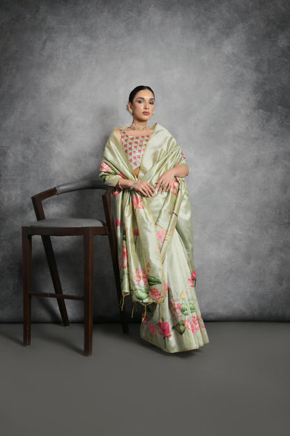 Lotus- Satin Silk Floral Printed Saree with Designer Blouse