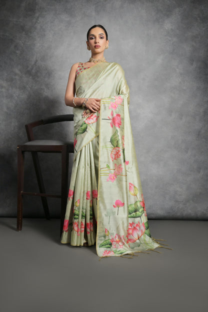 Lotus- Satin Silk Floral Printed Saree with Designer Blouse