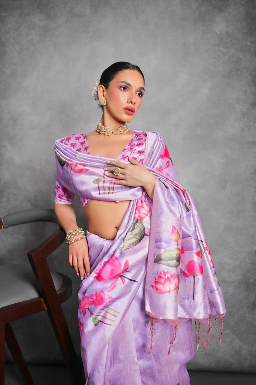 Lotus- Satin Silk Floral Printed Saree with Designer Blouse
