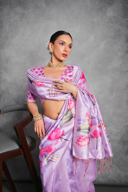 Lotus- Satin Silk Floral Printed Saree with Designer Blouse
