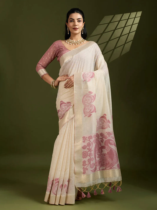 Morni- Elegant Handwoven Muga Cotton Saree with Pastel Motifs