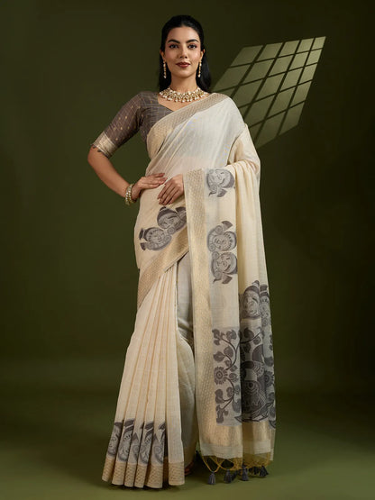 Morni- Elegant Handwoven Muga Cotton Saree with Pastel Motifs