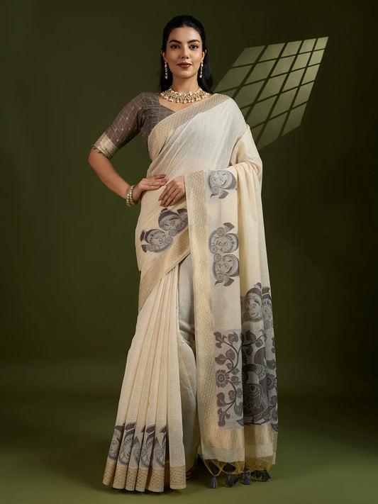Morni- Elegant Handwoven Muga Cotton Saree with Pastel Motifs