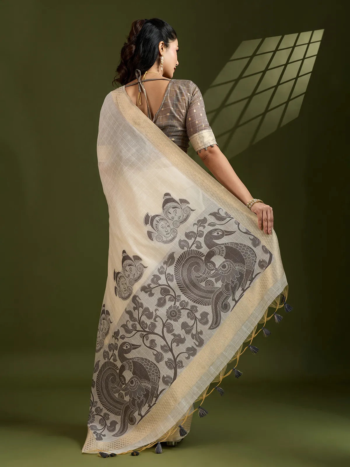 Morni- Elegant Handwoven Muga Cotton Saree with Pastel Motifs