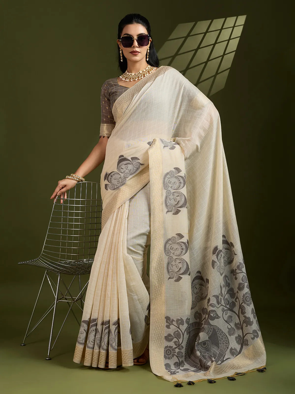 Morni- Elegant Handwoven Muga Cotton Saree with Pastel Motifs