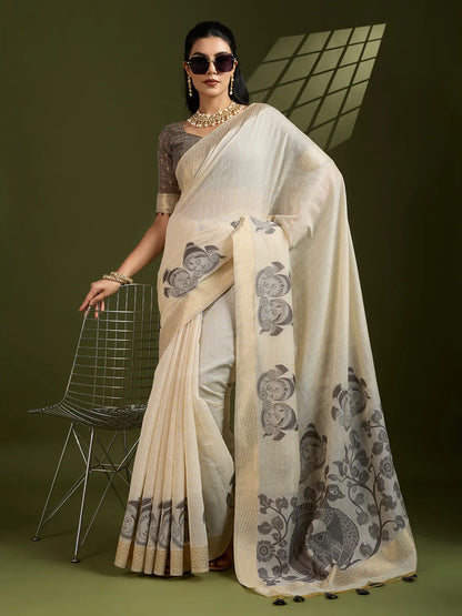 Morni- Elegant Handwoven Muga Cotton Saree with Pastel Motifs