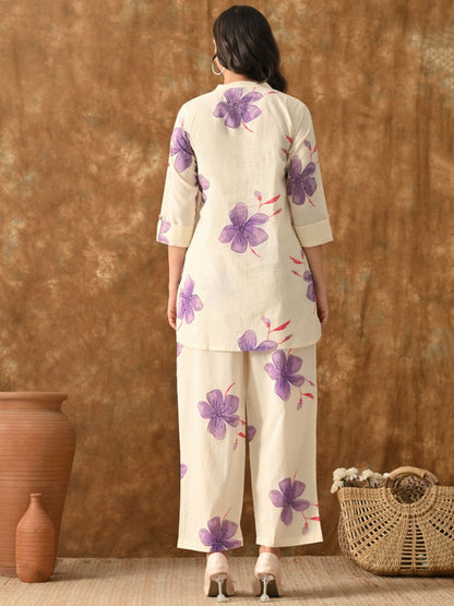 Pepi- Off-White & Purple Floral Printed Cotton Co-Ord Set