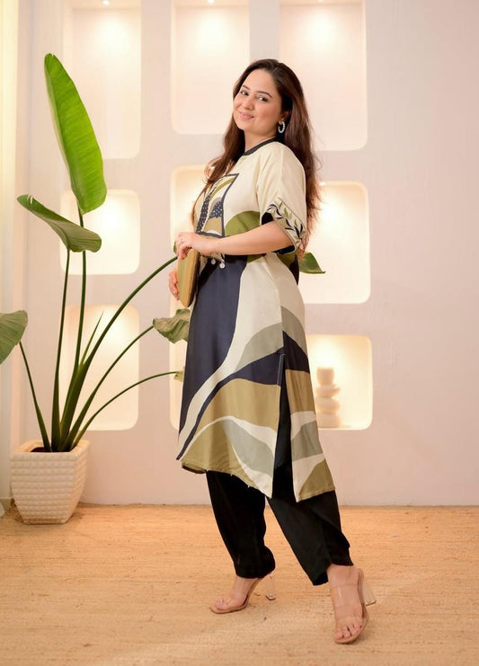Modern Abstract Printed Kurta Set – Olive & Black Fusion Wear