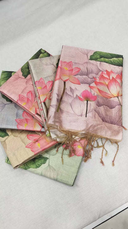 Lotus- Satin Silk Floral Printed Saree with Designer Blouse