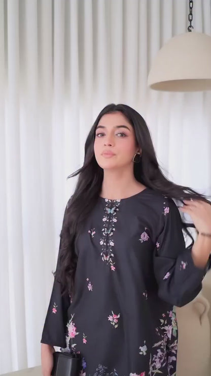 Zoya- Midnight Black Floral Printed Tunic with Pastel Pink Patterned Trousers