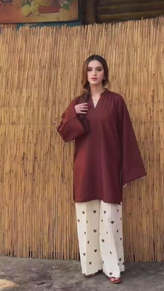 Pechi- Brown Solid Straight Kurti with Off-White Heart Print Palazzo Pants